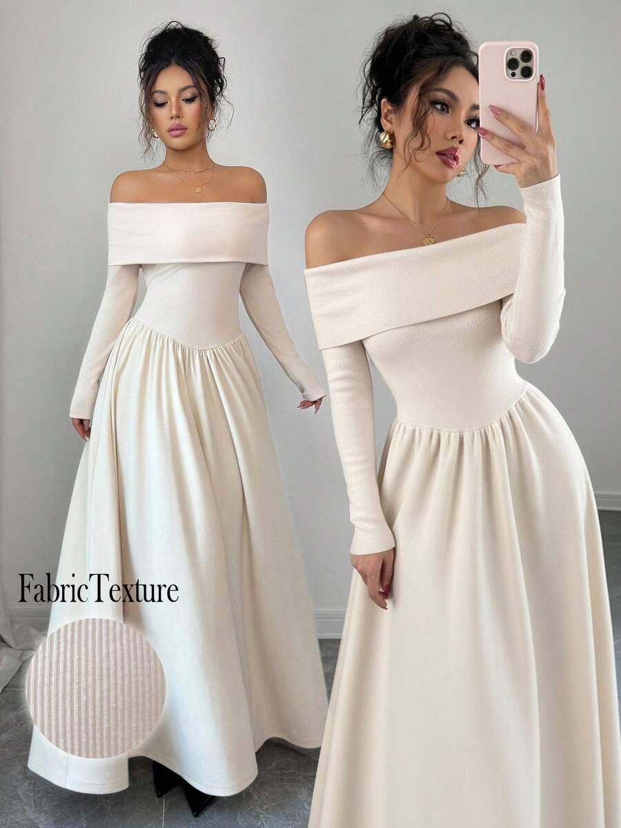 Selianne Women's Elegant Off Shoulder Ruched A-Line Long Sleeve Maxi Dress, Simple Solid Color, Apricot, Autumn/Winter - Apricot - View 1