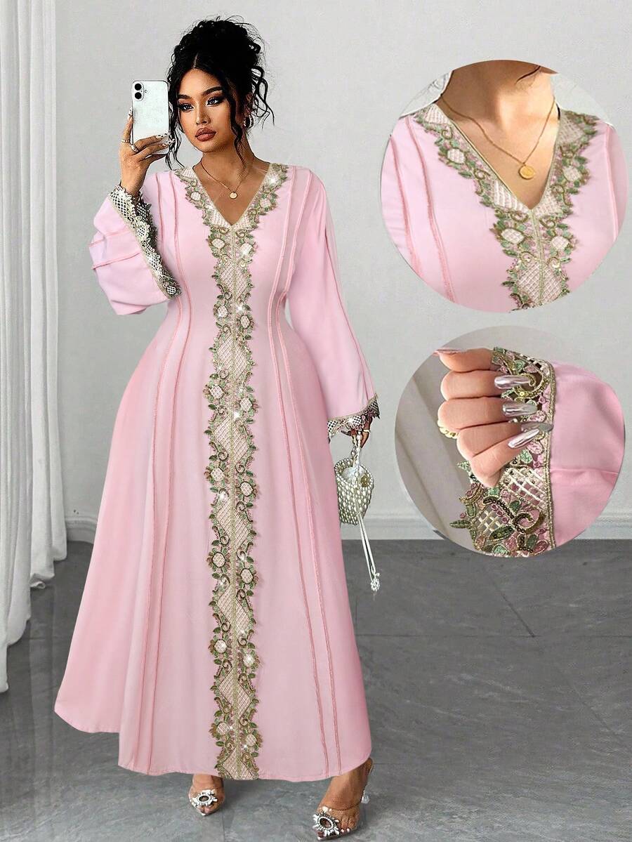 SHEIN PETITE CURVE Vestido longo elegante com acabamento em renda floral, outono/inverno