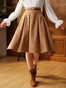 Vintamour 复古优雅的女士褶皱 A 字裙，配腰带，棕色，适合工作或休闲场合，返校服装秋装秋装教师服装冬季女士复古服装卡其色裙子返校节裙子短款栗色 - 卡其色 - 查看 5