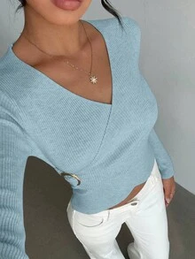 Selianne 女士优雅合身交叉裹身元素简约经典罗纹纹理纯色毛衣 - 霧霾藍 - 查看 6