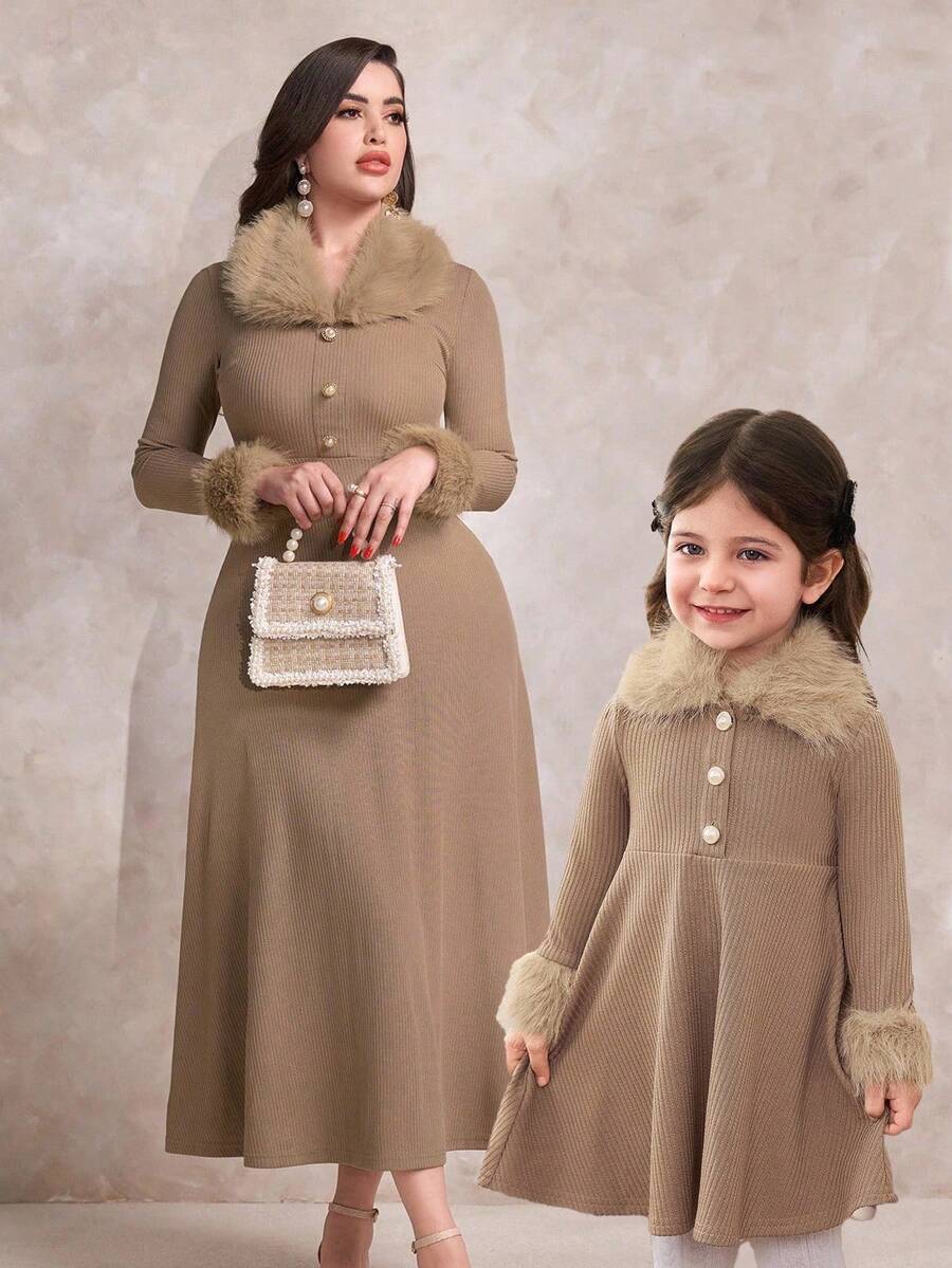 Elegant Mother-Daughter Matching Outfits, Khaki Ribbed Knit Turtleneck Long Sleeve Dress - Khaki - View 1