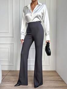 EURMUSE Pantalones De Cintura Alta De Color Sólido Para Mujeres - Gris Oscuro - Ver 5