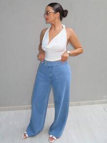 MDEdit Blusa de mujer de unicolor y cuello de vaquero sexy y de moda