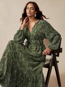 Florisole Váy xòe dáng chữ A, tay lỡ, họa tiết Paisley boho cổ điển, thiết kế buộc dây thanh lịch dành cho nữ, mùa xuân/thu - xanh quân đội - Xem 1