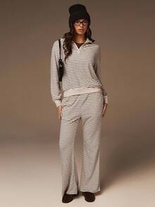 Athîral 2件套女式条纹长袖拉链休闲连帽衫和裤子套装 - 彩色 - 查看 3