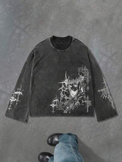 Camiseta de manga larga con estampado de anime lavada y vintage para hombre, ropa de calle retro, otoño