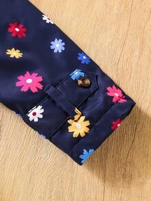 SHEIN Young Girls Floral Lined Hooded Double-Breasted Fashion Navy Blue Jacket, Suitable For Casual Daily Wear - Navy Blue - View 8