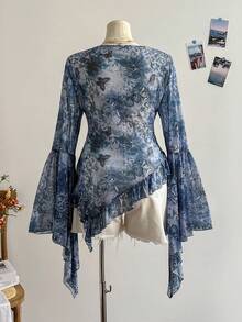 Soleia Plus Size Women Print Deep V-Neck Flare Sleeve Ruffle Hem Blouse - Multicolor - View 2