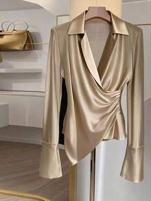 Franclia Élégante blouse drapée de couleur unie pour femmes, idéale pour le travail - Jaune citron - Voir 3