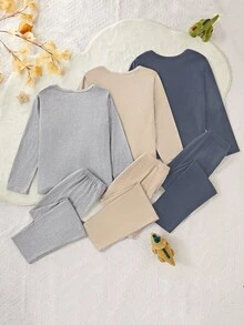 青少年男孩舒适恐龙印花长袖上衣和裤子睡衣套装，秋季 - 卡其色 - 查看 2