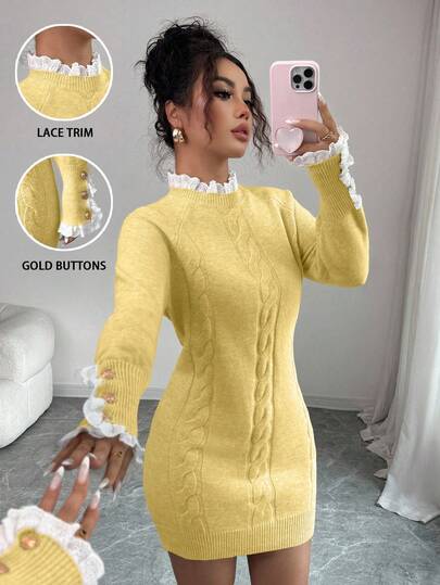 Elenzga Autumn/Winter Long Sleeve Twist Rope Crew Neck Lace Trim Apricot Color Dress