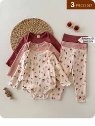 3pcs Newborn Baby Girl Cute Casual Ditsy Floral Elastic Knit Bodysuit Set