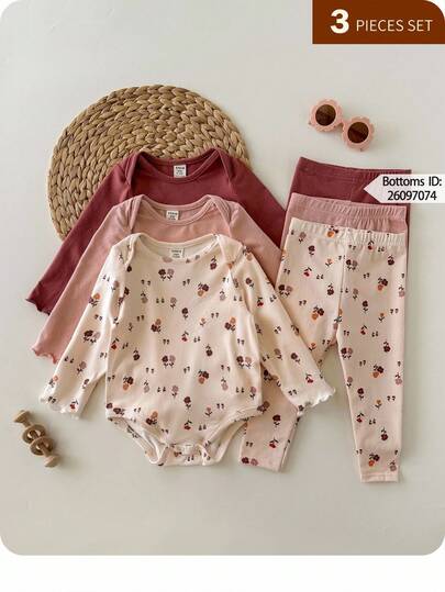 Set de 3 piezas de bodis casuales con estampado floral para bebé niña recién nacida
