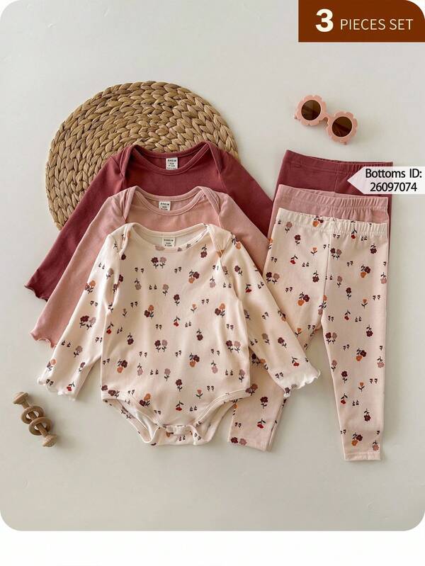 3pcs Newborn Baby Girl Cute Casual Ditsy Floral Elastic Knit Romper Set