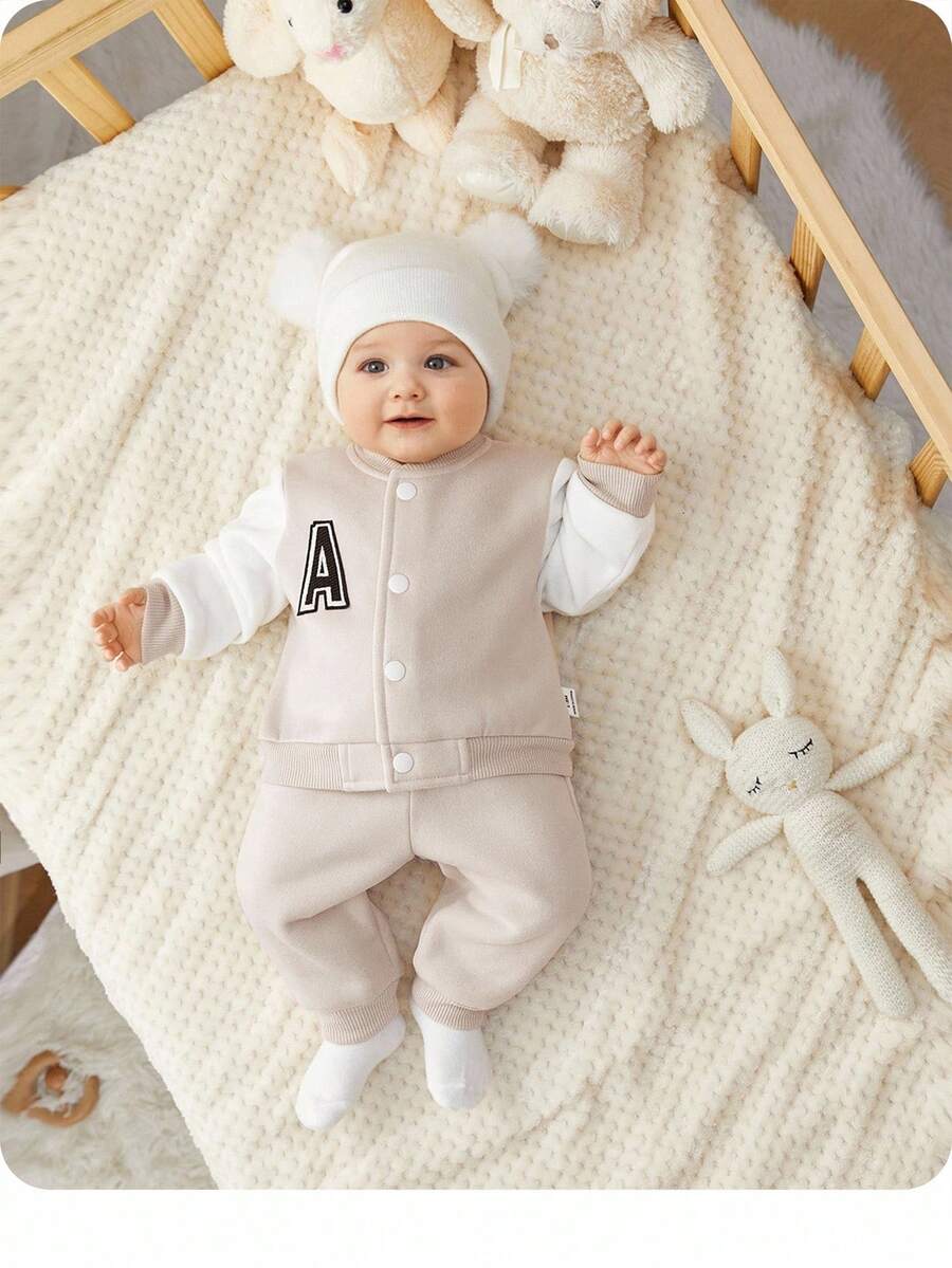 SHEIN Newborn Baby Boy/Girl Beige & White Color Block Baseball Jacket,Embroidery Patches,Soft Pants,Cute Graphic,Family Matching,Autumn Casual Outfits Set - Apricot - View 1