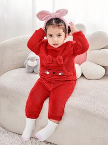 Completo da bambina con top a maniche lunghe con motivo carino e morbido e pantaloni a vita elastica, outfit rosso autunnale/invernale, abbigliamento invernale per bambine, set da 2 pezzi, abbigliamento invernale in pile - Rosso - Visualizzare 8