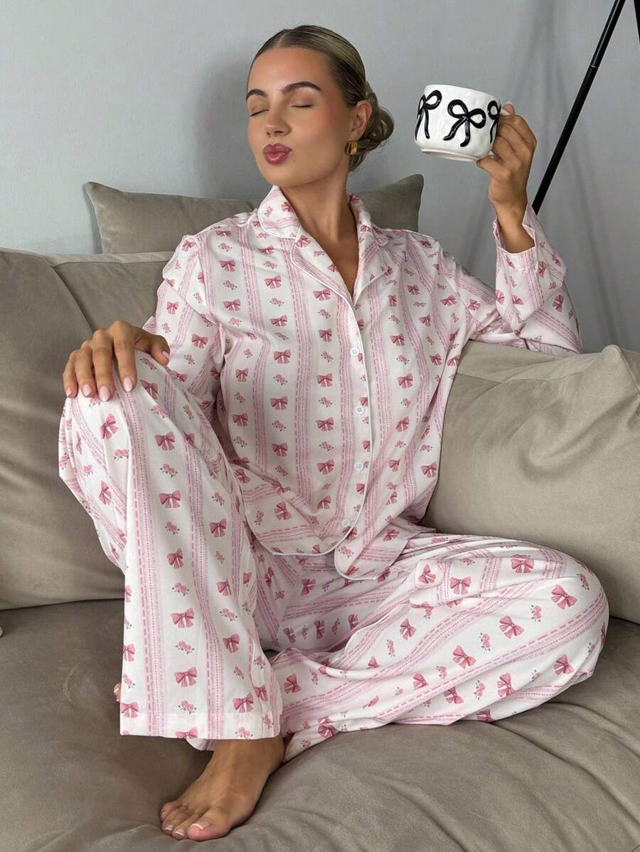 Bethéva Bộ áo sơ mi và quần in sọc hồng, đa năng cho cả ở nhà và ngoài trời - Hồng - Xem 1