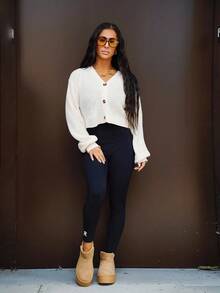 SAYEHFBABY Solid Drop Shoulder Button Up Crop Cardigan,Long Sleeve Tops,Knitted Sweater