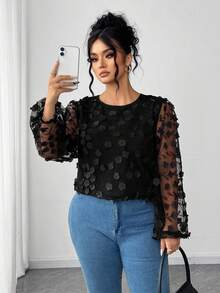 Elenzga Plus Size Women's Round Neck Elegant 3D Floral Embroidered Mesh Lantern Sleeve Blouse - Black - View 6