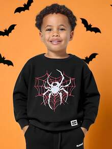 SUMWON 万圣节蜘蛛网男童卫衣恐怖季节图案印花套头衫秋冬儿童休闲装 - 黑色 - 查看 1