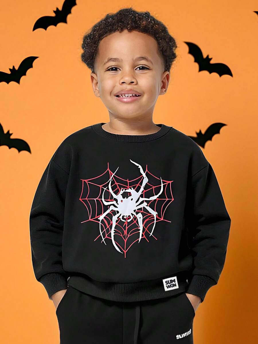 SUMWON 万圣节蜘蛛网男童卫衣恐怖季节图案印花套头衫秋冬儿童休闲装 - 黑色 - 查看 1