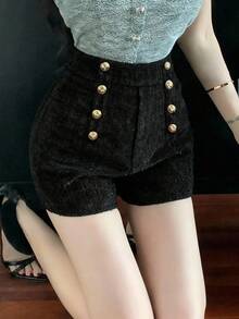 FRIFUL 女士时尚优雅纽扣装饰短裤，适合通勤和嘉年华穿着 - 黑色 - 查看 5