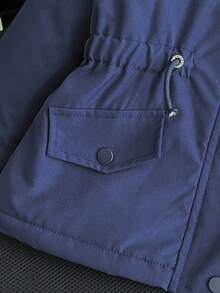 SHEIN 年轻女孩冬季中长款连帽派克大衣，仿皮草领，纽扣开合，腰部收紧，保暖衬里，休闲百搭外套 - 藏蓝色 - 查看 6