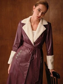 MOTF PREMIUM RHINESTONE DETAIL CONTRAST FUZZY COLLAR COAT - Red - View 2
