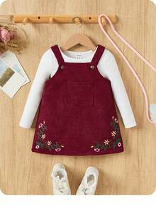 SHEIN Baby Girl Cute Casual Red Corduroy Embroidered Suspender Dress, Suitable For Christmas