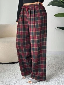 Dazy Plus Quần ngủ dài kẻ sọc thẳng rộng rãi, ấm áp cỡ lớn cho nữ, mùa xuân/thu, thu và đông - Màu Đỏ Sâu - Xem 1