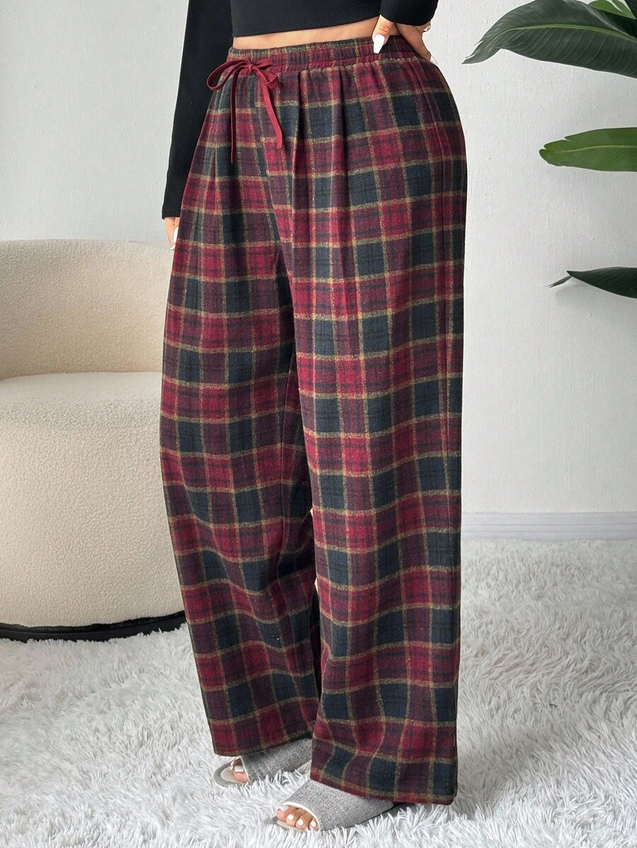 Dazy Plus Quần ngủ dài kẻ sọc thẳng rộng rãi, ấm áp cỡ lớn cho nữ, mùa xuân/thu, thu và đông - Màu Đỏ Sâu - Xem 1