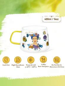 Frida Kahlo X SHEIN 1 Pc Floral & Figure Graphic Glass Cup, Heat-Resistant, Dishwasher Friendly, Suitable For Tea, Coffee, Juice And Other Beverages,Summer Outfits, Spring Outfits,Beach, Vacation, Flower
