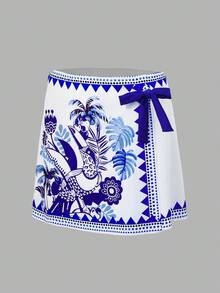 Swim Oasis Women's Tropical Floral & Bird Print Casual One-Piece Swimsuit With Skirt, Halter Neck, Suitable For Vacation And Beach - Blue and White - View 12