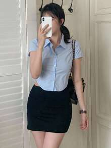 DAZY Damen Einfarbiges Hemd mit Umlegekragen, Taille, Kurzarm, Blau, Frühling/Sommer