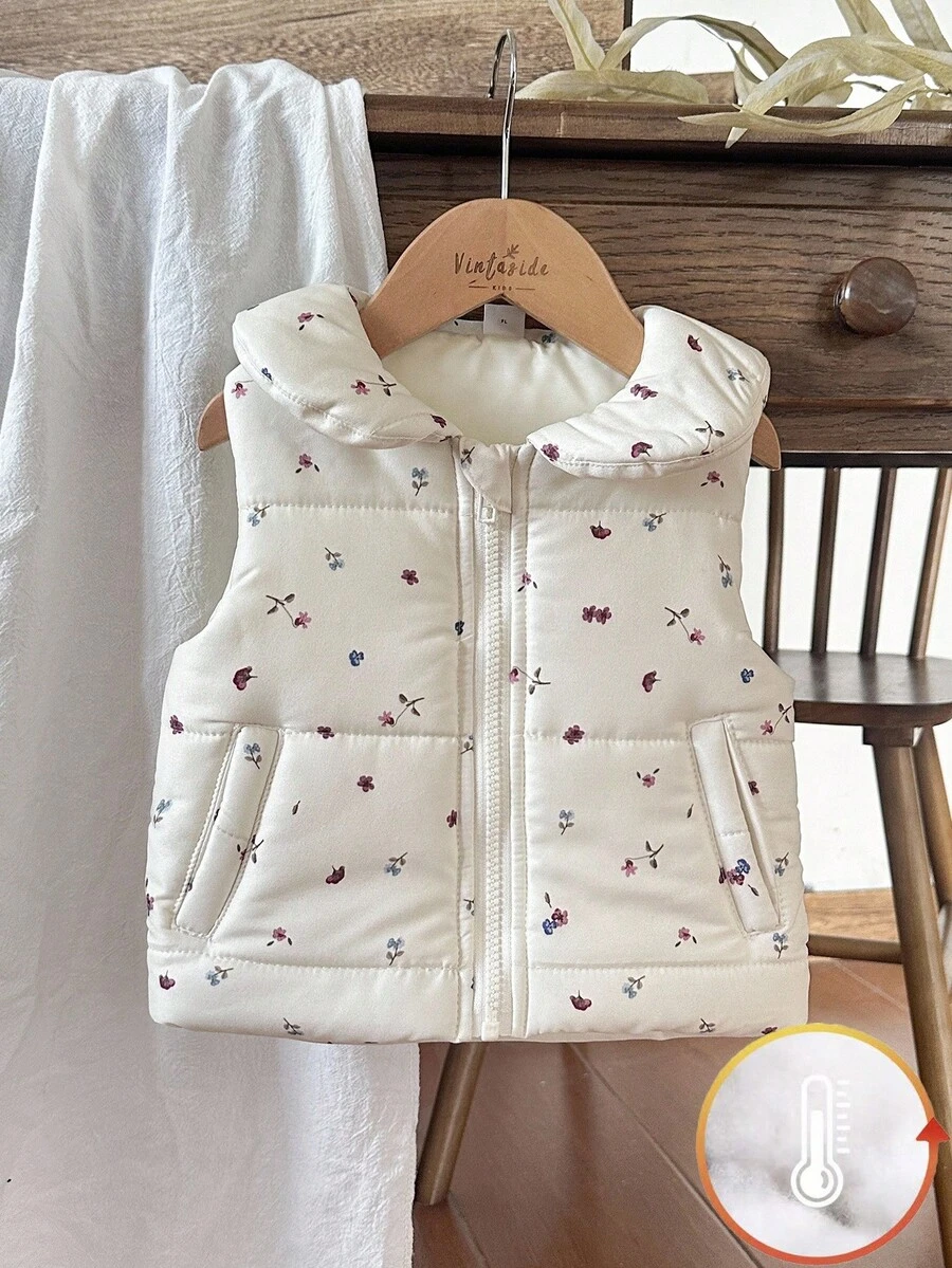SHEIN Vintaside Kids 女婴纯棉加厚背心,保暖舒适,带保暖内衬,适合春、秋、冬三季穿着,时尚百搭,田园风格,优雅可爱碎花棉质外套 - 杏色 - 查看 1