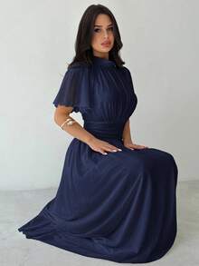 Firerie Women's Elegant Romantic Elegant Daily Commute Beach Vacation Stand Collar Pleated High Waist A-Line Flare Sleeve White Dress