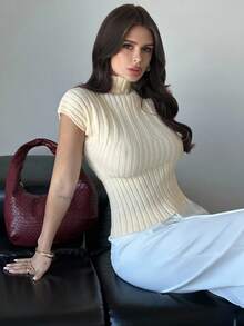 Firerie Elegant Commuter Solid Color Stand Collar Asymmetric Hem Knit Top - Light Yellow - View 1