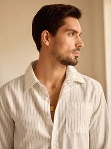 HIMLAND Men Casual Striped Long Sleeve Single-Breasted Pocket Shirt And Pants Set, Suitable For Daily Wear, Fall Clothes - Multicolor - View 4