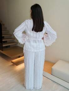 MDEdit Elegant Romantic Feather Decor Sheer Long Sleeve And Pants 2 Pieces Set Fall Cloth For Women - White - View 2