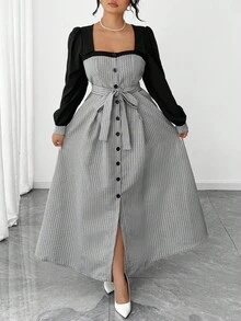 Elenzga Plus Size Women Elegant Commuter Tweed Long Sleeve Dress, Autumn/Winter - Black - View 6