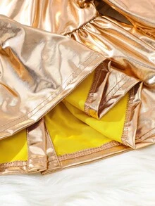 SHEIN 女婴金属纽扣长袖毛领外套，秋冬 - 金色 - 查看 3