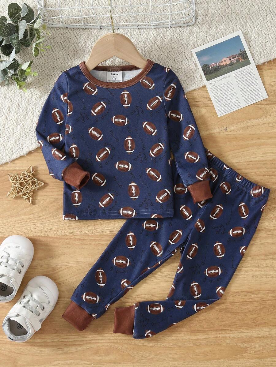 2pcs Toddler Boys' Football All-Over Print Long Sleeve Top And Pants Snug Fit Pajama Set