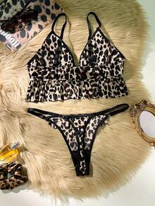 SHEIN 2pcs Women Leopard Print Ruffle Trim Lingerie Set ClassicAnimalPrint - Multicolor - View 2