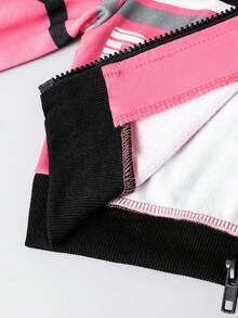 SHEIN Young Girls' Colorblock Letter Print Cropped Long Sleeve Loose Stand Collar Zip-Up Bomber Jacket, Suitable For Autumn - Multicolor - View 8