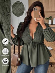 EMERY ROSE Plus Size Casual Solid Color Lace Patchwork Shirt Fall Cloth For Women - Army Green - View 1