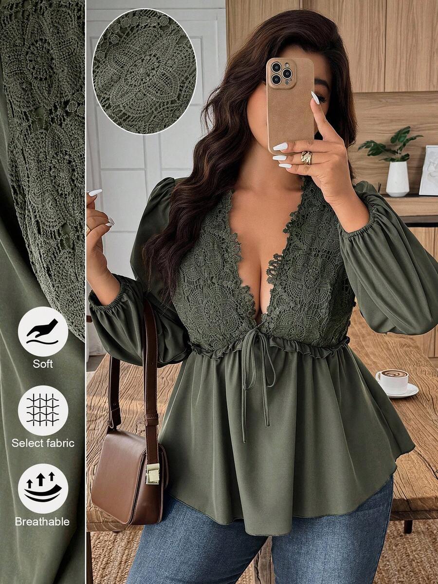 EMERY ROSE Plus Size Casual Solid Color Lace Patchwork Shirt Fall Cloth For Women - Army Green - View 1