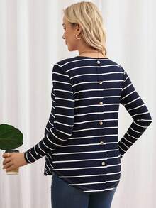 SHEIN Maternity Striped Button Back Butterfly Sleeve Curved Hem T-Shirt,Navy Blue Summer Smart Casual Everyday Pregnancy Shirts Long Sleeve Autumn Tops - Navy Blue - View 2