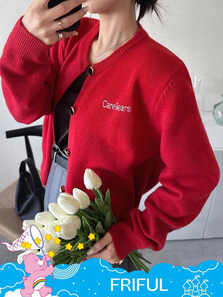 FRIFUL SHEIN X Care Bears 女式圆领字母刺绣纽扣开衫 - 紅色 - 查看 1