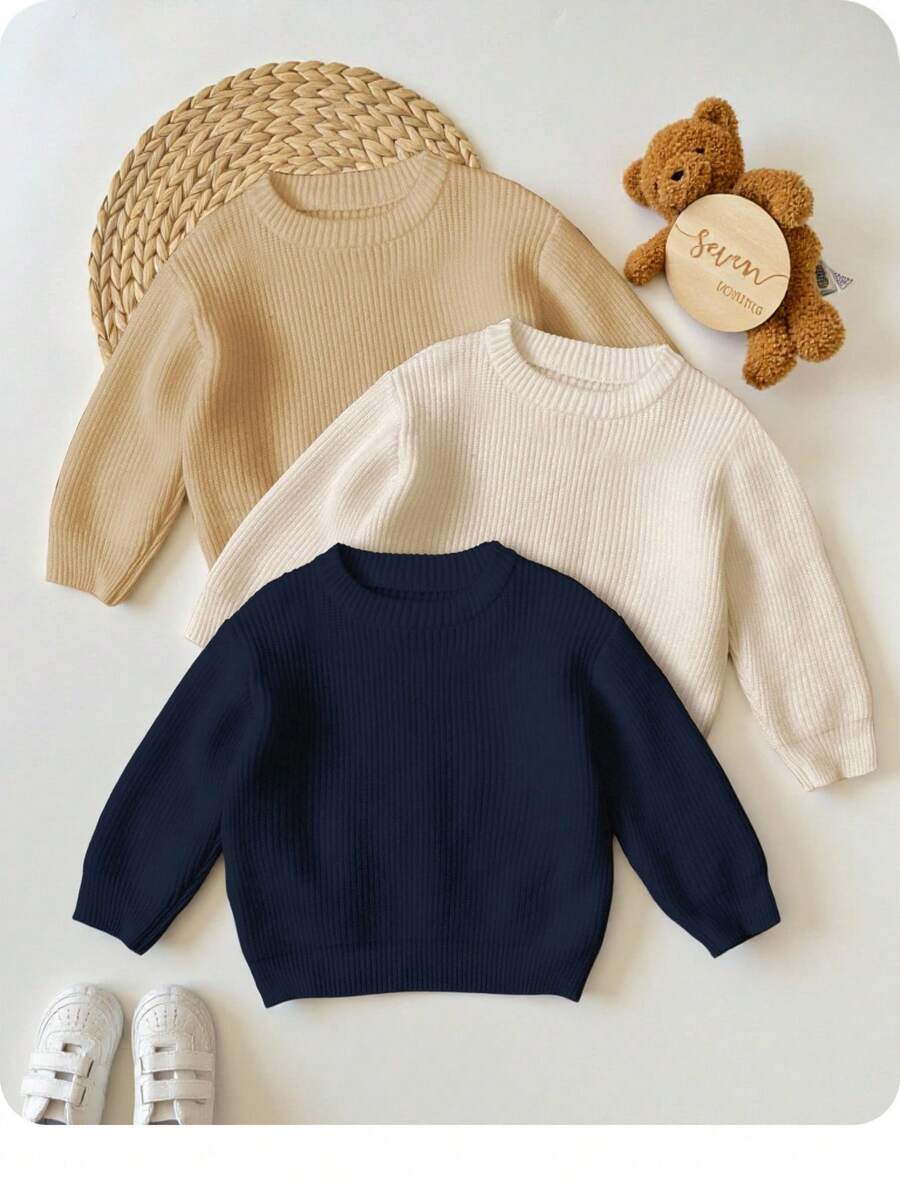 SHEIN 3pcs/Set Baby Boy Casual Loose Fit Round Neck Long Sleeve Sweater Outfit, Suitable For Autumn/Winter