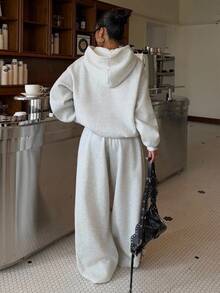 SHEIN EZwear Women's Autumn/Winter Thermal Lined Hoodie And Relaxed Fit Sweatpants Set For Going Out Outfits, Back To School, Streetwear - Light Grey - View 2